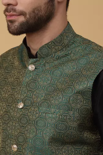 Men's black kurta and churidar with jacquard ethnic motifs printed nehru jacket