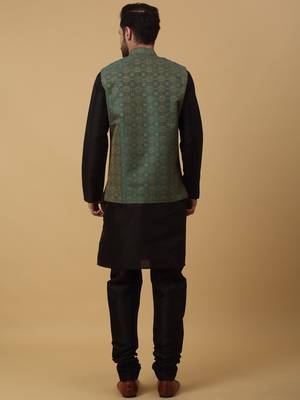 Men's black kurta and churidar with jacquard ethnic motifs printed nehru jacket 3