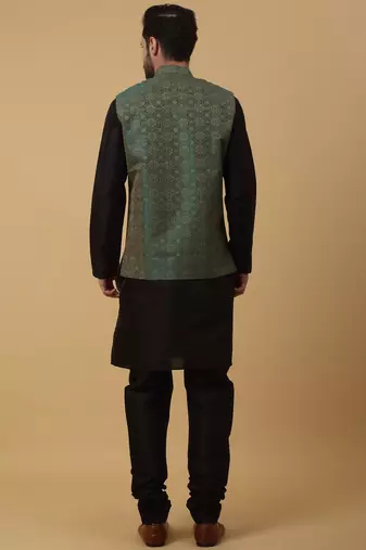 Men's black kurta and churidar with jacquard ethnic motifs printed nehru jacket