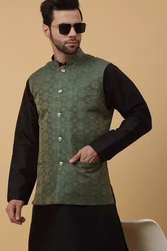 Men's black kurta and churidar with jacquard ethnic motifs printed nehru jacket