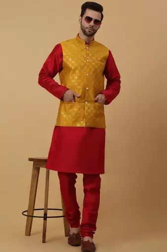 Men's maroon kurta and churidar with sequenced cotton silk nehru jacket