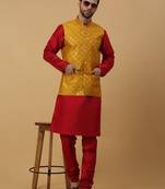 Men's maroon kurta and churidar with sequenced cotton silk nehru jacket