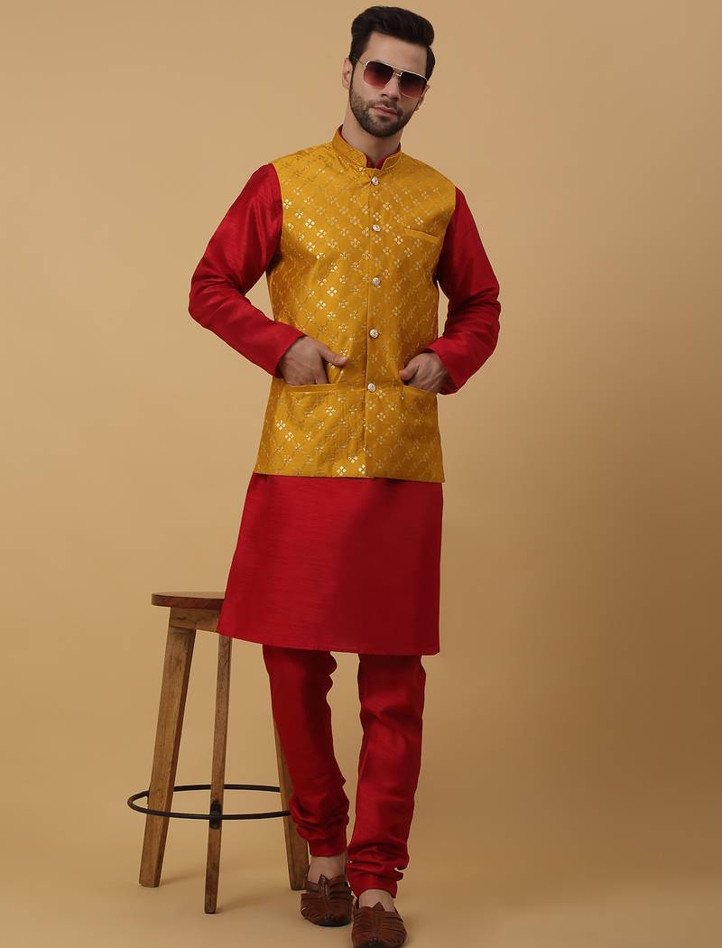Men's maroon kurta and churidar with sequenced cotton silk nehru jacket