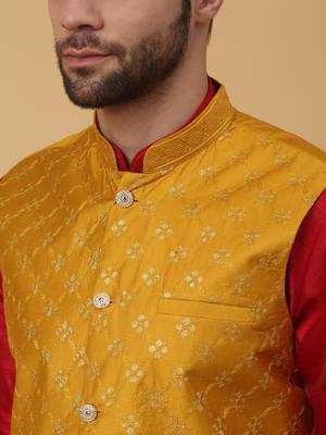 Men's maroon kurta and churidar with sequenced cotton silk nehru jacket 2