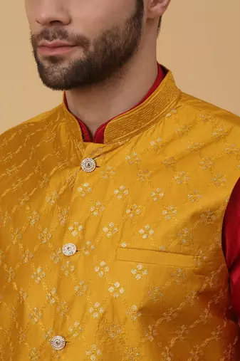 Men's maroon kurta and churidar with sequenced cotton silk nehru jacket