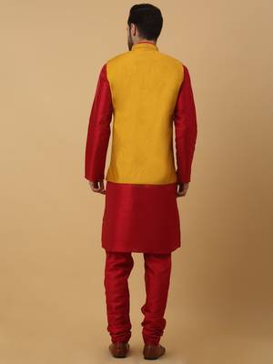 Men's maroon kurta and churidar with sequenced cotton silk nehru jacket 3