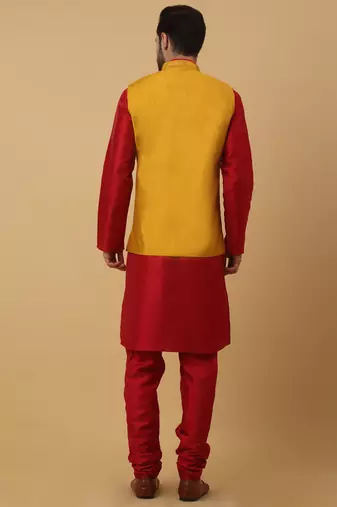 Men's maroon kurta and churidar with sequenced cotton silk nehru jacket