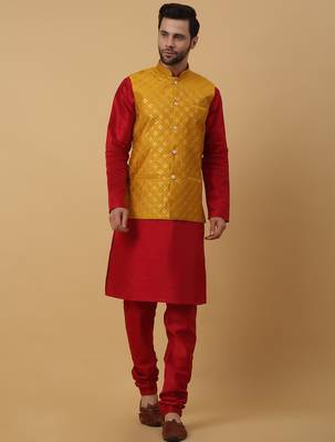 Men's maroon kurta and churidar with sequenced cotton silk nehru jacket 4
