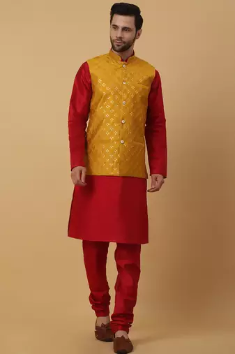 Men's maroon kurta and churidar with sequenced cotton silk nehru jacket