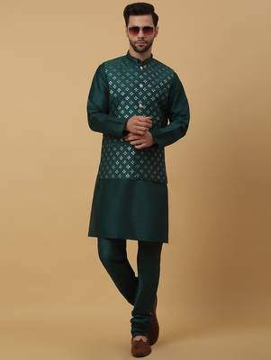Men's green kurta and churidar with sequenced cotton silk nehru jacket 1