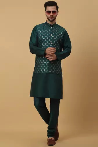 Men's green kurta and churidar with sequenced cotton silk nehru jacket