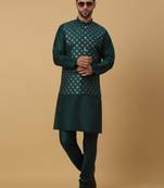 Men's green kurta and churidar with sequenced cotton silk nehru jacket