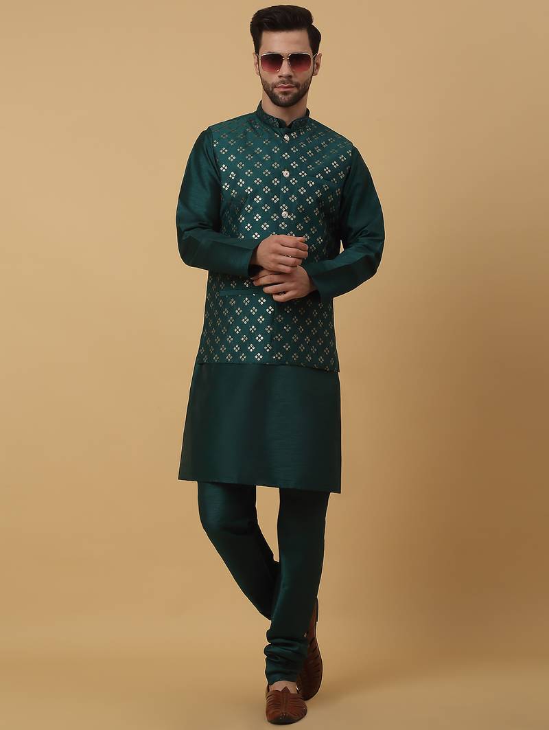 Men's green kurta and churidar with sequenced cotton silk nehru jacket