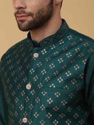 Men's green kurta and churidar with sequenced cotton silk nehru jacket 2