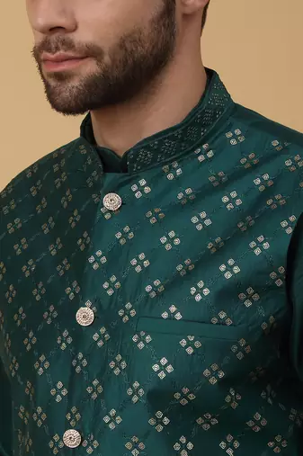 Men's green kurta and churidar with sequenced cotton silk nehru jacket