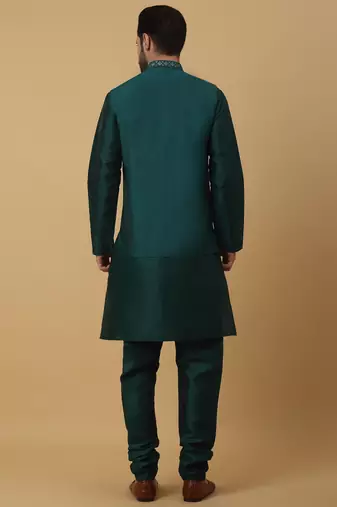 Men's green kurta and churidar with sequenced cotton silk nehru jacket
