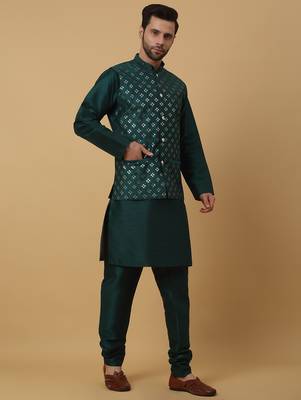 Men's green kurta and churidar with sequenced cotton silk nehru jacket 4