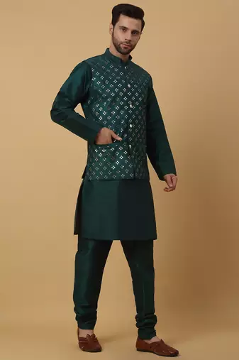 Men's green kurta and churidar with sequenced cotton silk nehru jacket