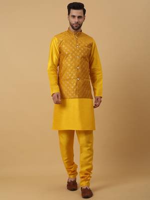 Men's yellow kurta and churidar with sequenced cotton silk nehru jacket 1