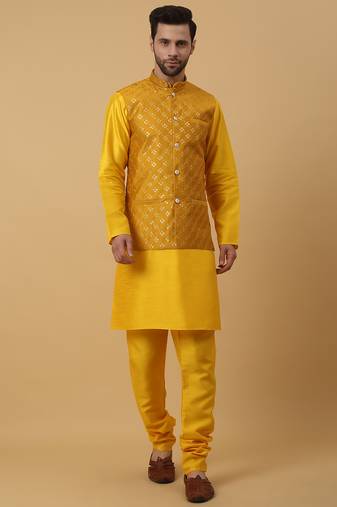 Men's yellow kurta and churidar with sequenced cotton silk nehru jacket