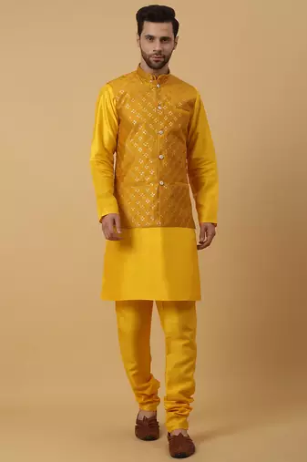 Men's yellow kurta and churidar with sequenced cotton silk nehru jacket