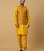 Men's yellow kurta and churidar with sequenced cotton silk nehru jacket