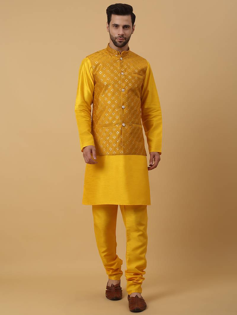 Men's yellow kurta and churidar with sequenced cotton silk nehru jacket