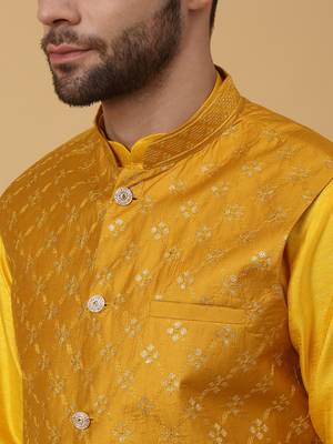 Men's yellow kurta and churidar with sequenced cotton silk nehru jacket 2