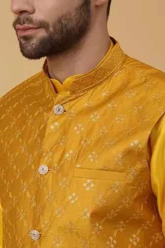 Men's yellow kurta and churidar with sequenced cotton silk nehru jacket
