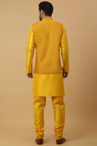 Men's yellow kurta and churidar with sequenced cotton silk nehru jacket