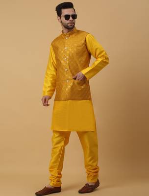 Men's yellow kurta and churidar with sequenced cotton silk nehru jacket 4