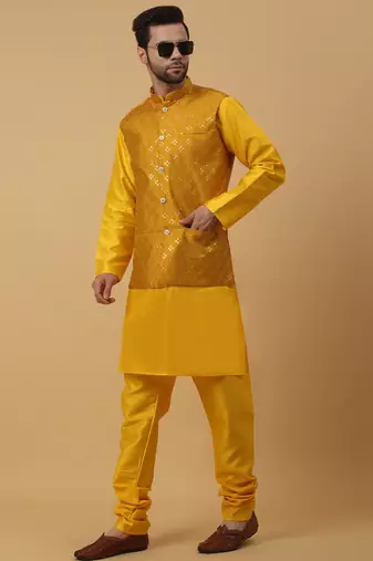 Men's yellow kurta and churidar with sequenced cotton silk nehru jacket