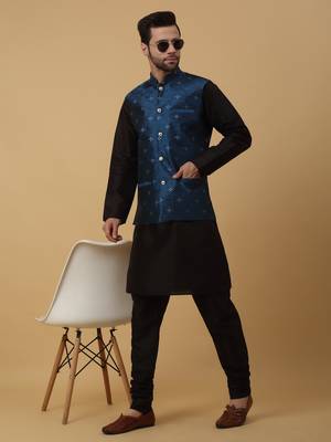 Men's black kurta and churidar with jacquard floral nehru jacket 1