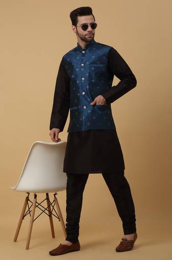 Men's black kurta and churidar with jacquard floral nehru jacket
