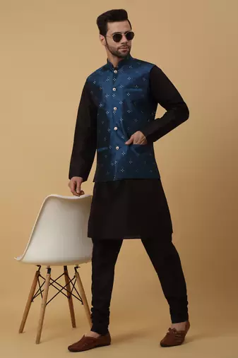 Men's black kurta and churidar with jacquard floral nehru jacket