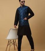 Men's black kurta and churidar with jacquard floral nehru jacket