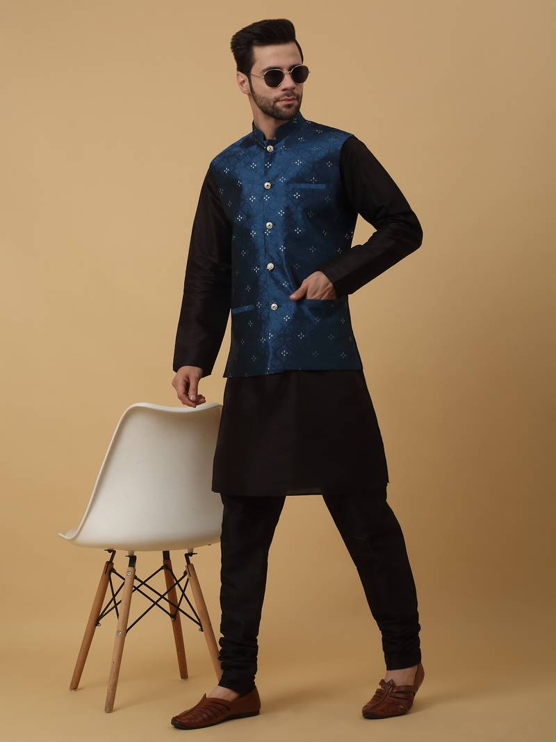 Men's black kurta and churidar with jacquard floral nehru jacket