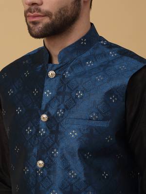 Men's black kurta and churidar with jacquard floral nehru jacket 2