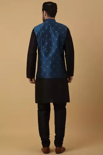 Men's black kurta and churidar with jacquard floral nehru jacket