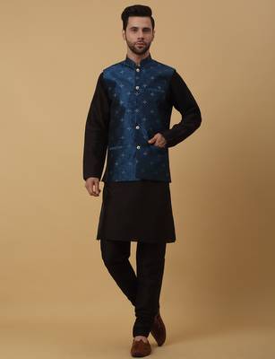 Men's black kurta and churidar with jacquard floral nehru jacket 4