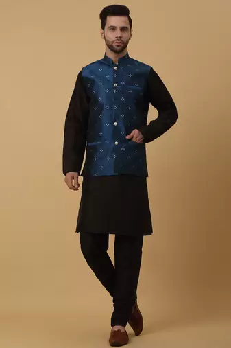 Men's black kurta and churidar with jacquard floral nehru jacket