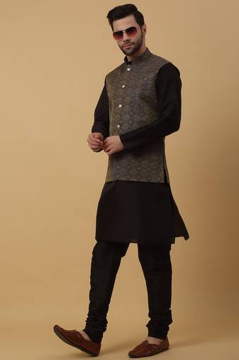Men's black kurta and churidar with jacquard ethnic motifs printed nehru jacket