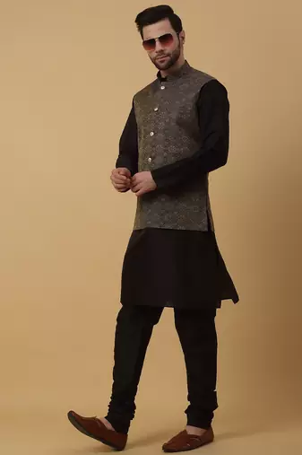 Men's black kurta and churidar with jacquard ethnic motifs printed nehru jacket