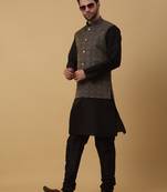 Men's black kurta and churidar with jacquard ethnic motifs printed nehru jacket