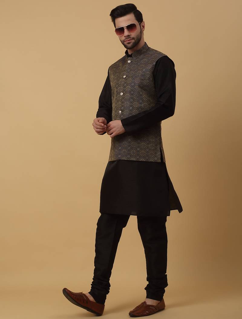 Men's black kurta and churidar with jacquard ethnic motifs printed nehru jacket