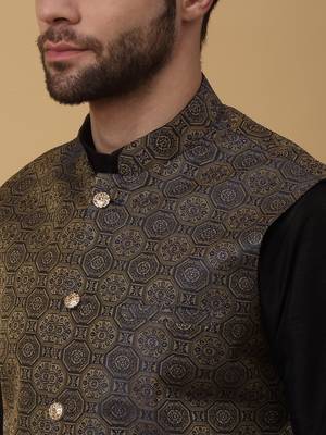 Men's black kurta and churidar with jacquard ethnic motifs printed nehru jacket 2