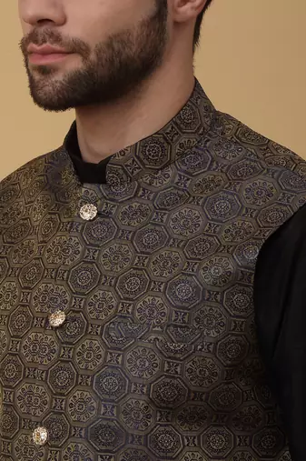 Men's black kurta and churidar with jacquard ethnic motifs printed nehru jacket