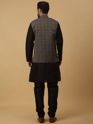 Men's black kurta and churidar with jacquard ethnic motifs printed nehru jacket 3