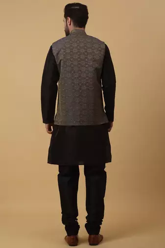 Men's black kurta and churidar with jacquard ethnic motifs printed nehru jacket