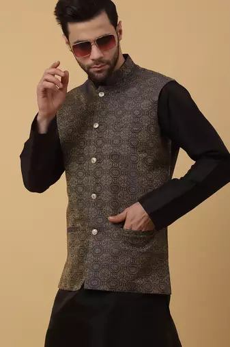 Men's black kurta and churidar with jacquard ethnic motifs printed nehru jacket